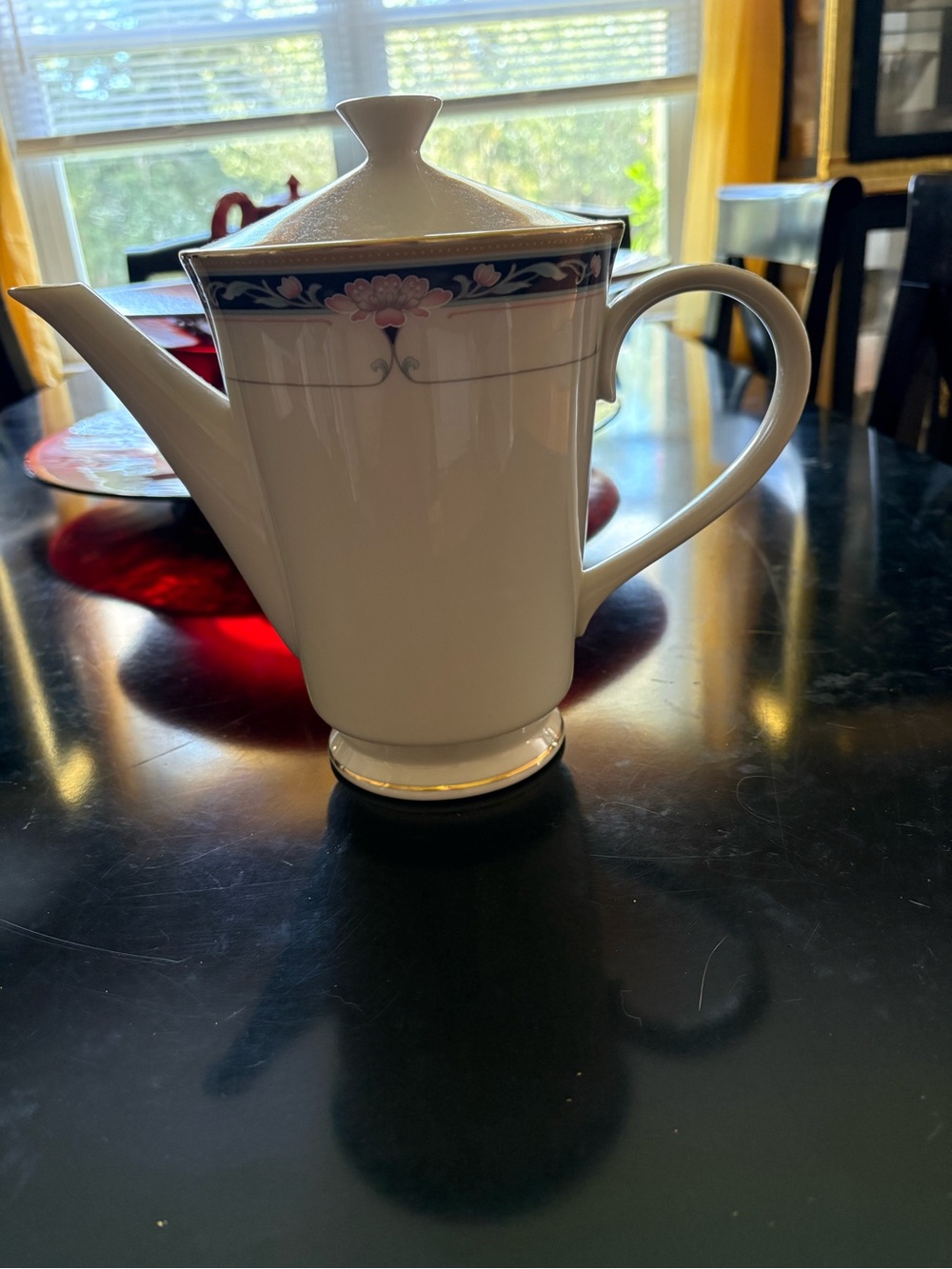 Lenox White Porcelain Teapot with Pink Floral and Navy Banded